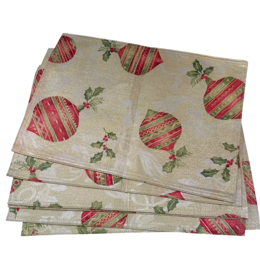 13x18 Gold Red Green Christmas Ornament Placemats 6pc Set Holiday Christmascore